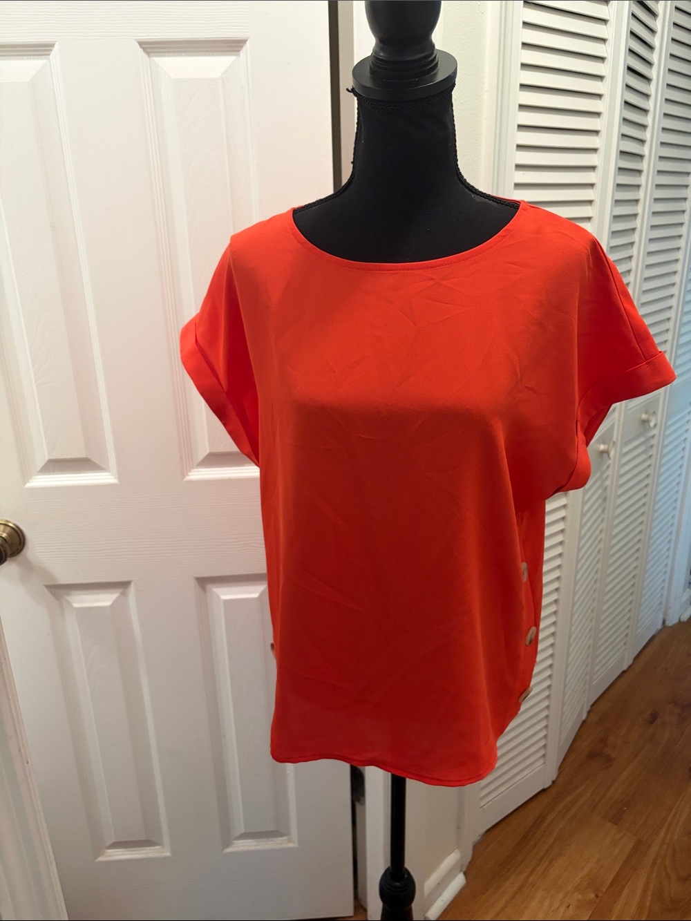 Jones New York Side Button Boat Neck Top with Rolled Sleeves - Coral Sun